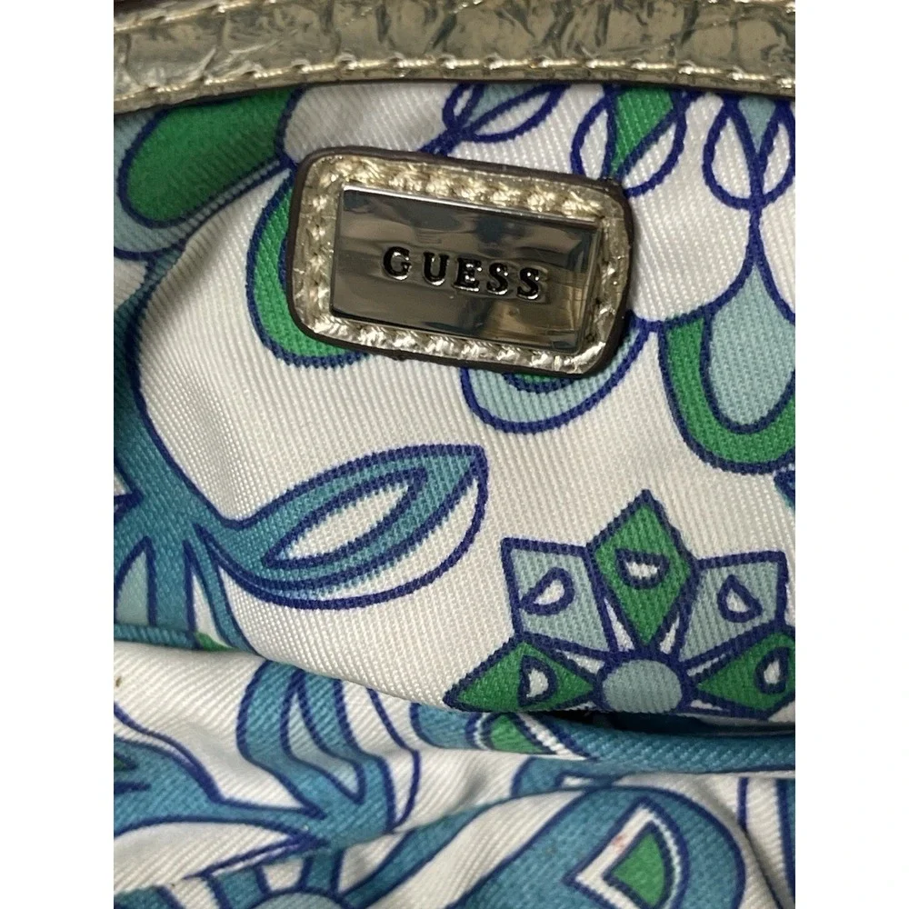 Vtg Y2K Style Guess Baguette Straw Purse Metallic Silver Snake Skin Trim 90s